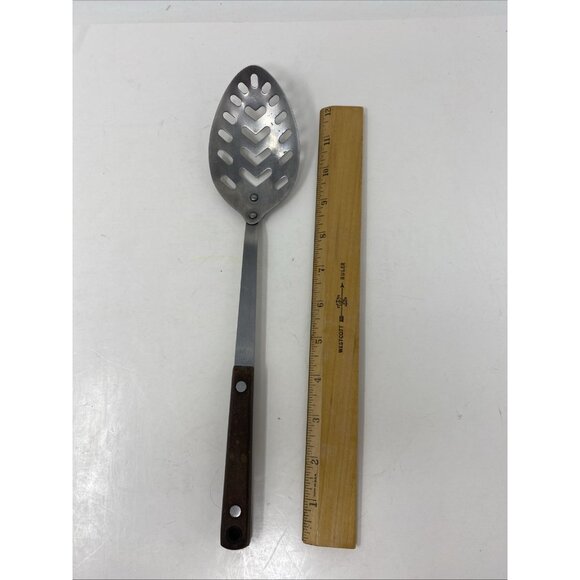 Vintage Pyramid Stainless Steel Slotted Serving Spoon with Brown Wood Handle - Picture 3 of 4